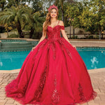 Bespoke red beaded lace ball gown with off-the-shoulder straps, handcrafted Quinceañera style wedding gown