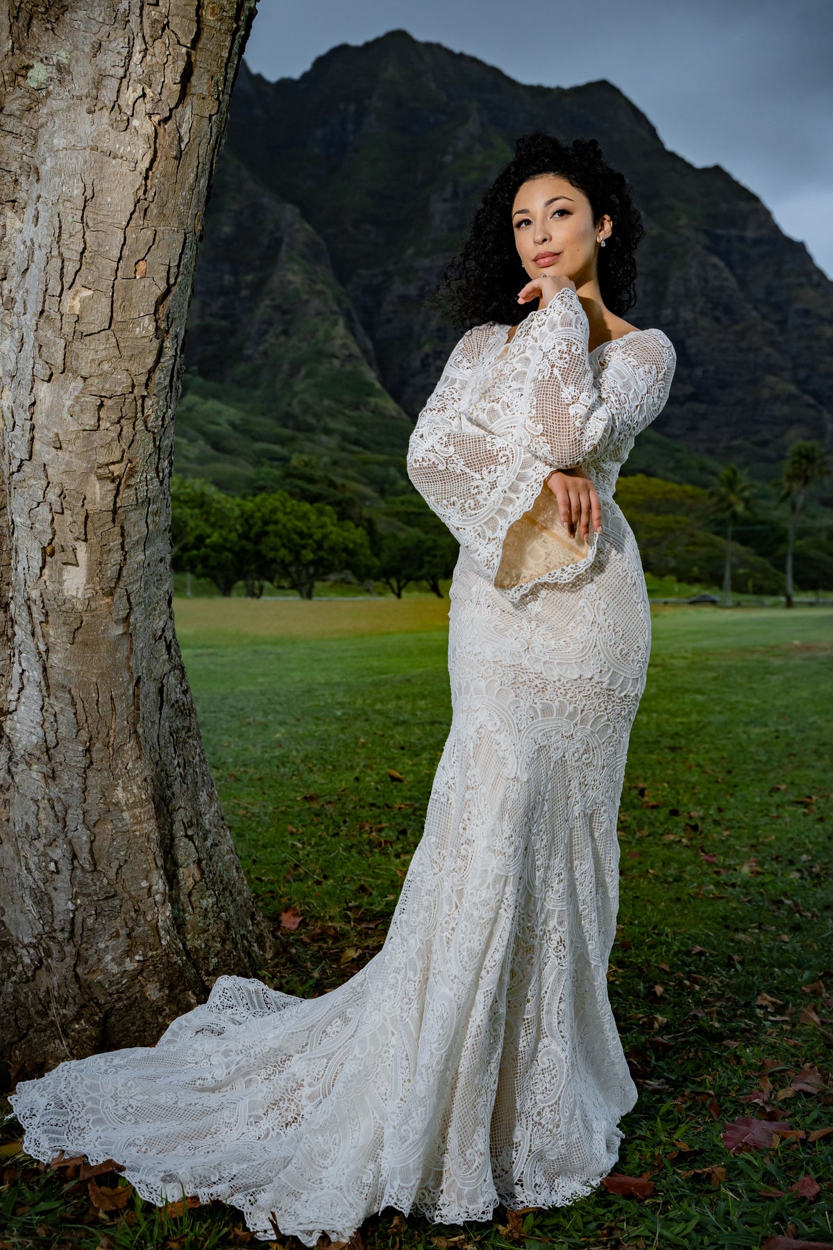 Boho Mermaid Crochet Lace Wedding Dress with Deep V Neck and Bell Sleeves Boho Mermaid Crochet Lace Wedding Dress with Deep V Neck and Bell Sleeves