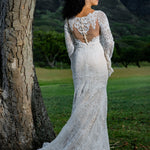 Bespoke boho mermaid lace wedding dress with bell sleeves and illusion back, handcrafted bridal gown