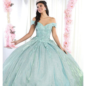 Mint green ball gown with off-the-shoulder lace bodice and shimmering full skirt, handcrafted bridal gown