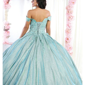 Aqua sparkle ball gown with off-the-shoulder sleeves and corset back, handcrafted bespoke bridal gown