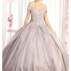 Off-the-shoulder lavender Quinceañera ball gown with lace bodice and shimmering skirt, bespoke wedding dress