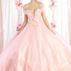 Pink ballgown with 3D floral bodice and off-the-shoulder plunging neckline, handcrafted bridal gown
