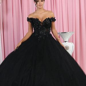 Bespoke black ball gown with 3D floral appliqués and off-the-shoulder neckline, handcrafted bridal gown