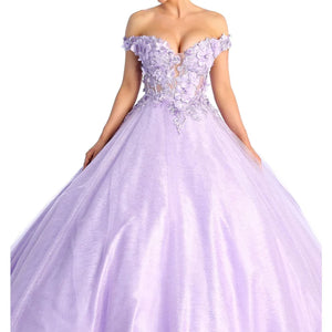 Lavender ball gown with 3D floral off-the-shoulder bodice and shimmer tulle, bespoke handcrafted wedding dress