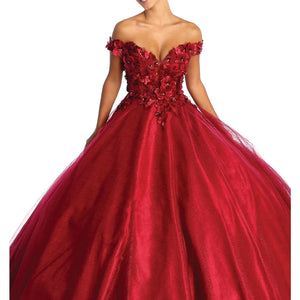 Bespoke red off-the-shoulder ball gown with 3D floral bodice and shimmering tulle skirt, handcrafted wedding gown