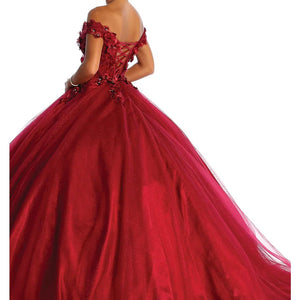 Burgundy ball gown with beaded 3D florals and corset back, handcrafted off-the-shoulder bespoke wedding dress