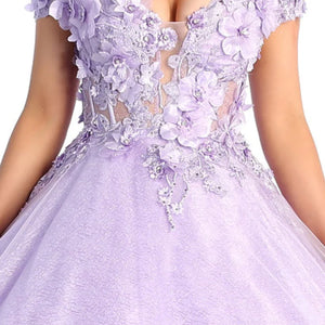 Lavender 3D floral lace off-the-shoulder ball gown with sheer plunging bodice, handcrafted bespoke wedding gown