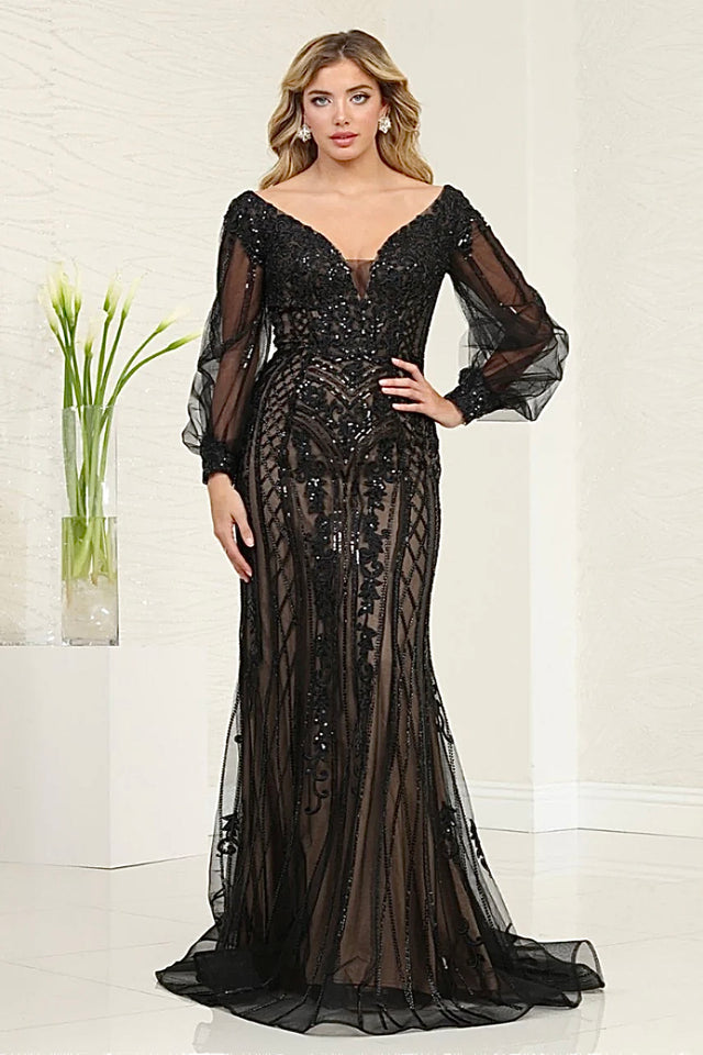 Black sequined mermaid gown with sheer bishop sleeves and V-neck, handcrafted mother of the bride wedding gown