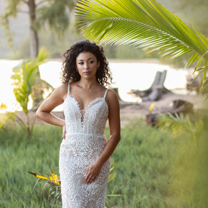 Boho Mermaid Lace Wedding Dress with Straps and Deep Plunging Neckline