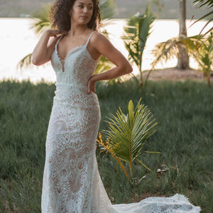 Boho Mermaid Lace Wedding Dress with Straps and Deep Plunging Neckline