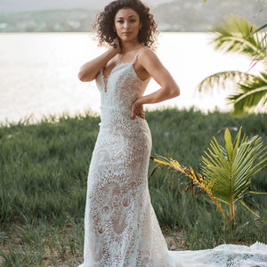 Boho Mermaid Lace Wedding Dress with Straps and Deep Plunging Neckline