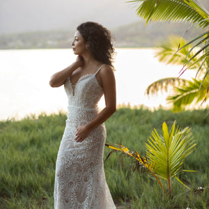 Boho Mermaid Lace Wedding Dress with Straps and Deep Plunging Neckline