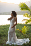 Boho Mermaid Lace Wedding Dress with Straps and Deep Plunging Neckline