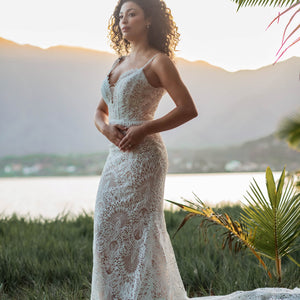 Boho Mermaid Lace Wedding Dress with Straps and Deep Plunging Neckline