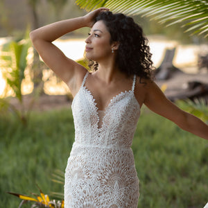 Boho Mermaid Lace Wedding Dress with Straps and Deep Plunging Neckline