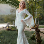 Boho mermaid lace wedding dress with scalloped V-neck and long bell sleeves, handcrafted bridal gown