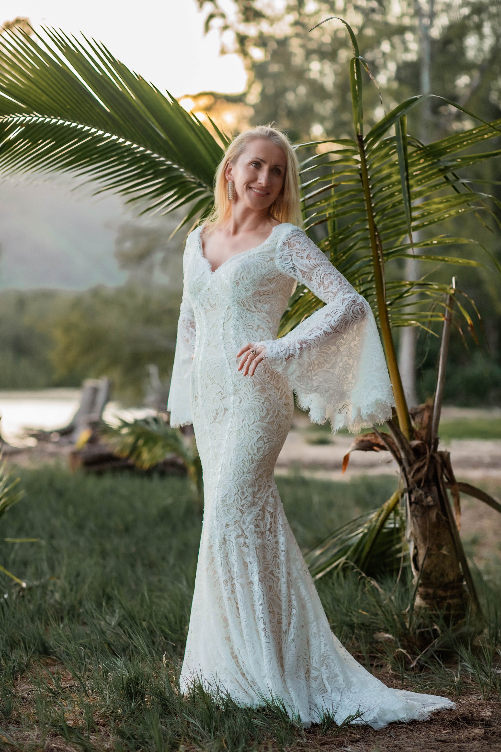 Boho Mermaid Wedding Dress with Bell Sleeves and Scalloped V-Neck 8 Boho Mermaid Wedding Dress with Bell Sleeves and Scalloped V-Neck 8