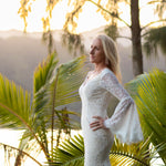 Mermaid lace boho wedding dress with long bell sleeves and scalloped V-neck, handcrafted Linda and Agnes bridal gown