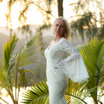 Lace mermaid wedding dress with scalloped V-neck and long bell sleeves, bespoke handcrafted boho bridal gown