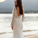Bespoke lace mermaid wedding dress with long sleeves and low open back, handcrafted Linda and Agnes bridal gown