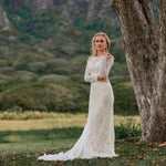Long sleeve lace mermaid wedding dress with boat neck, a bespoke handcrafted ivory bridal gown