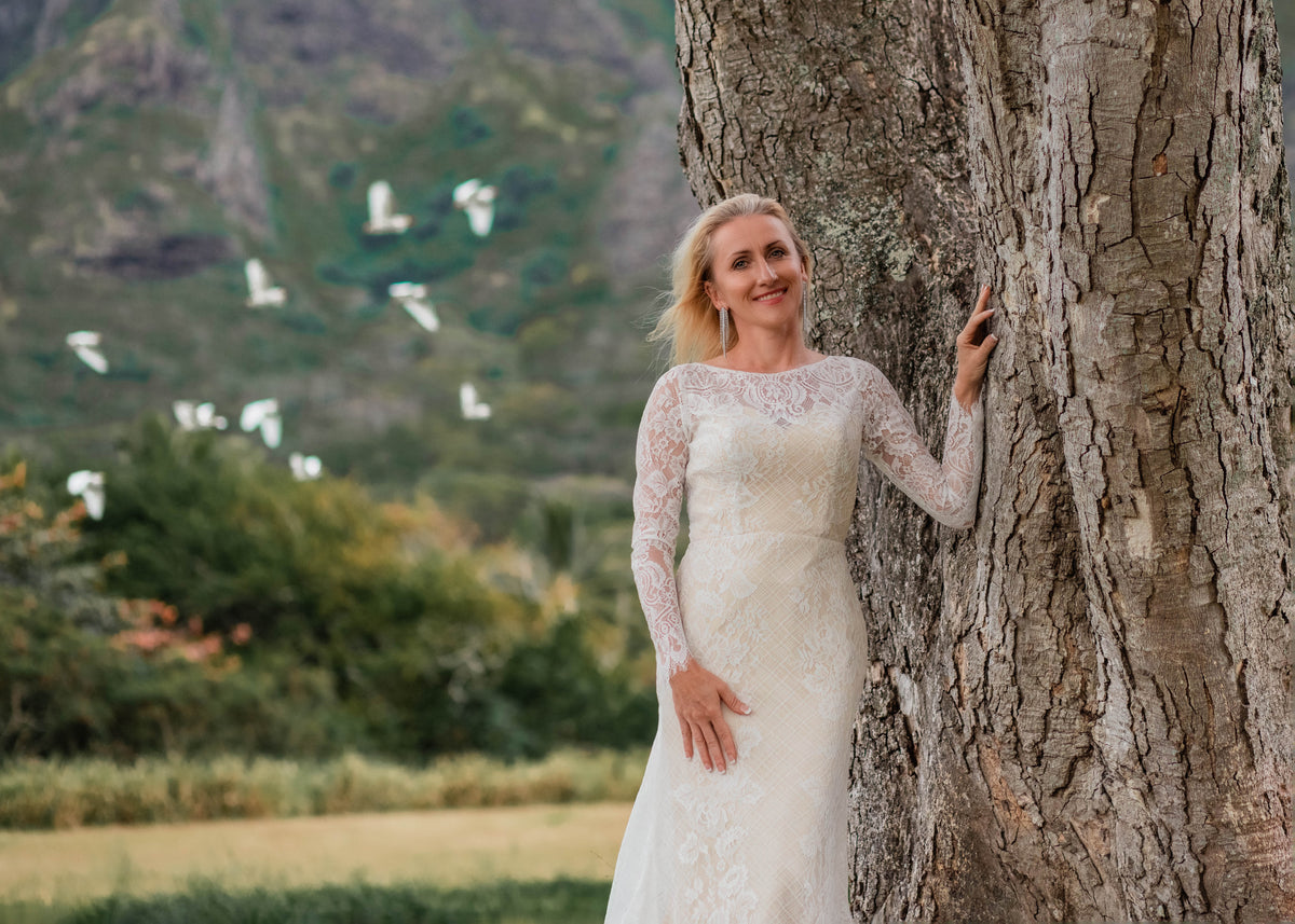 Long Sleeve Lace Mermaid Wedding Dress with Boat Neck | Dresses By Linda and Agnes Long Sleeve Lace Mermaid Wedding Dress with Boat Neck | Dresses By Linda and Agnes