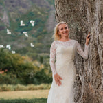 Long sleeve lace mermaid wedding dress with boat neck, bespoke handcrafted bridal gown