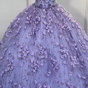 Purple 3D floral ball gown with beaded sweetheart bodice, handcrafted Quinceañera style wedding dress