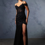 Bespoke black lace sheer bodice gown with off-the-shoulder sleeves and high thigh slit, handcrafted wedding dress