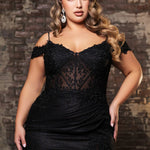 Bespoke sparkly black off-the-shoulder lace gown with thigh slit and corset, handcrafted bridal gown
