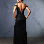Shimmering black cold-shoulder gown with lace-up corset back and lace bodice, bespoke handcrafted wedding gown