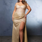 Gold shimmer gown with a sheer lace corset, off-the-shoulder straps, and high slit, handcrafted bespoke wedding gown