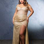 Shimmering gold off-the-shoulder formal gown with lace corset and high slit, handcrafted wedding gown