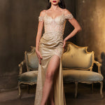 Shimmering gold sheath gown with lace cold-shoulder sleeves and a high slit, handcrafted bespoke wedding dress
