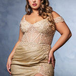 Gold shimmer lace corset gown with off-the-shoulder straps and high leg slit, handcrafted wedding dress