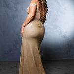 Shimmering gold mermaid gown with off-the-shoulder lace and corset back, a bespoke wedding gown