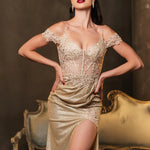 Gold lace corset formal gown with off-shoulder sleeves and high slit, handcrafted bespoke wedding dress