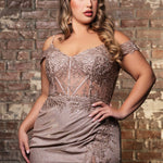 Shimmery rose gold lace corset formal gown with off-the-shoulder sleeves and high slit, bespoke bridal gown