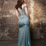 Shimmering teal off-the-shoulder gown with beaded lace bodice and corset back, bespoke wedding gown