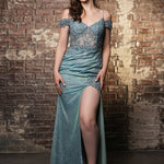 Shimmering teal sheath with lace corset bodice and off-the-shoulder sleeves, handcrafted bespoke bridal gown