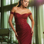 Burgundy off-the-shoulder lace sequin corset dress with a shimmering draped slit skirt, bespoke wedding gown