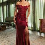 Off-the-shoulder burgundy lace gown with shimmering high slit, bespoke formal wedding gown