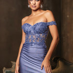 Off-the-shoulder periwinkle beaded lace corset gown with shimmering ruched slit skirt, handcrafted bespoke wedding gown
