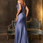 Bespoke blue lace off-the-shoulder corset gown with a shimmering mermaid skirt, handcrafted bridal gown