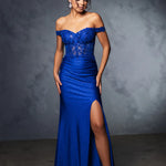 Bespoke royal blue off-the-shoulder gown with beaded lace bodice and high leg slit, handcrafted wedding gown