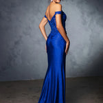Royal blue off-the-shoulder mermaid formal dress with lace bodice and shimmering skirt, bespoke wedding gown