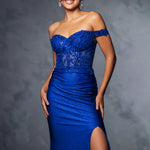 Bespoke royal blue off-the-shoulder gown with sequin lace corset and ruched leg slit, handcrafted bridal gown
