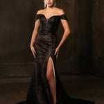 Black lace off-the-shoulder mermaid gown with plunging neckline and high slit, handcrafted bespoke wedding gown