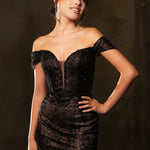 Bespoke off-the-shoulder black lace formal dress with a plunging neckline and high slit, elegant wedding gown